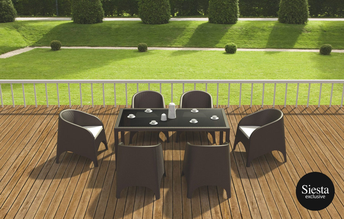 Tahiti 6 Seater Resin Rattan Dining Setting with Aruba Arm Chair